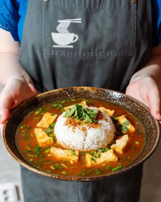 Talíř tofu v rajčatové omáčce s rýží v rukou obsluhy v zástěře s logem
